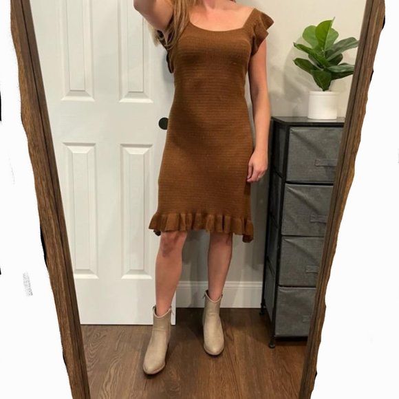 NWT Revolve House of Harlow 1960 Midi Knit Brown Sweater Dress w/ Ruffles -  M - Picture 4 of 7